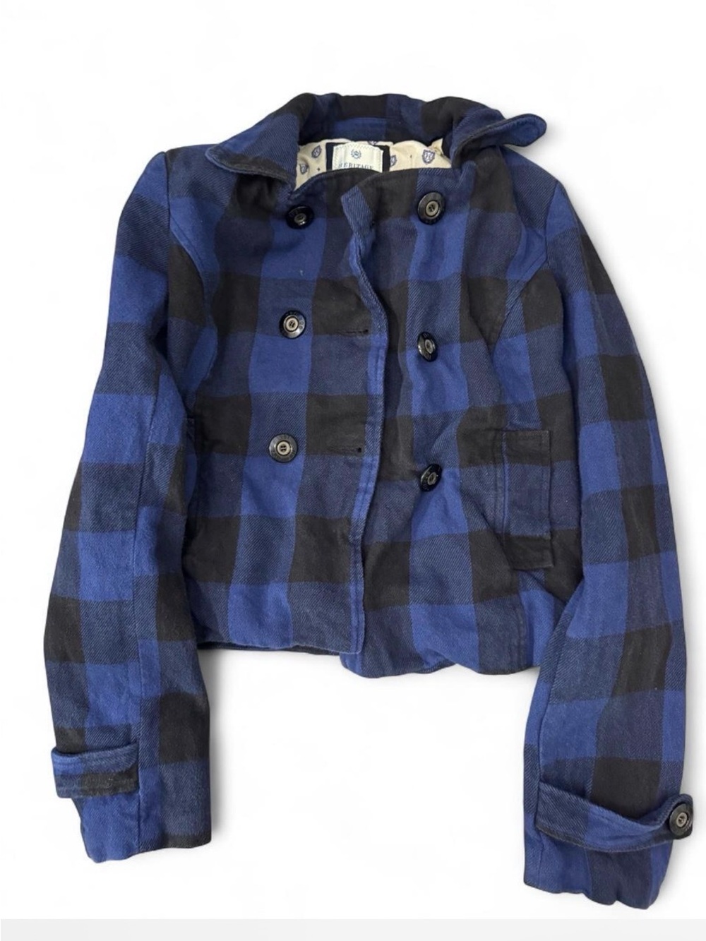 Heritage 1981 Blue and Black Plaid Double-Breasted Cropped Pea Coat